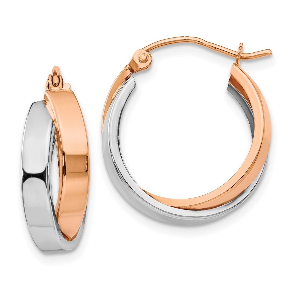 14k Rose and White Gold Polished Oval Hoop Earrings 18 L x 3 mm W